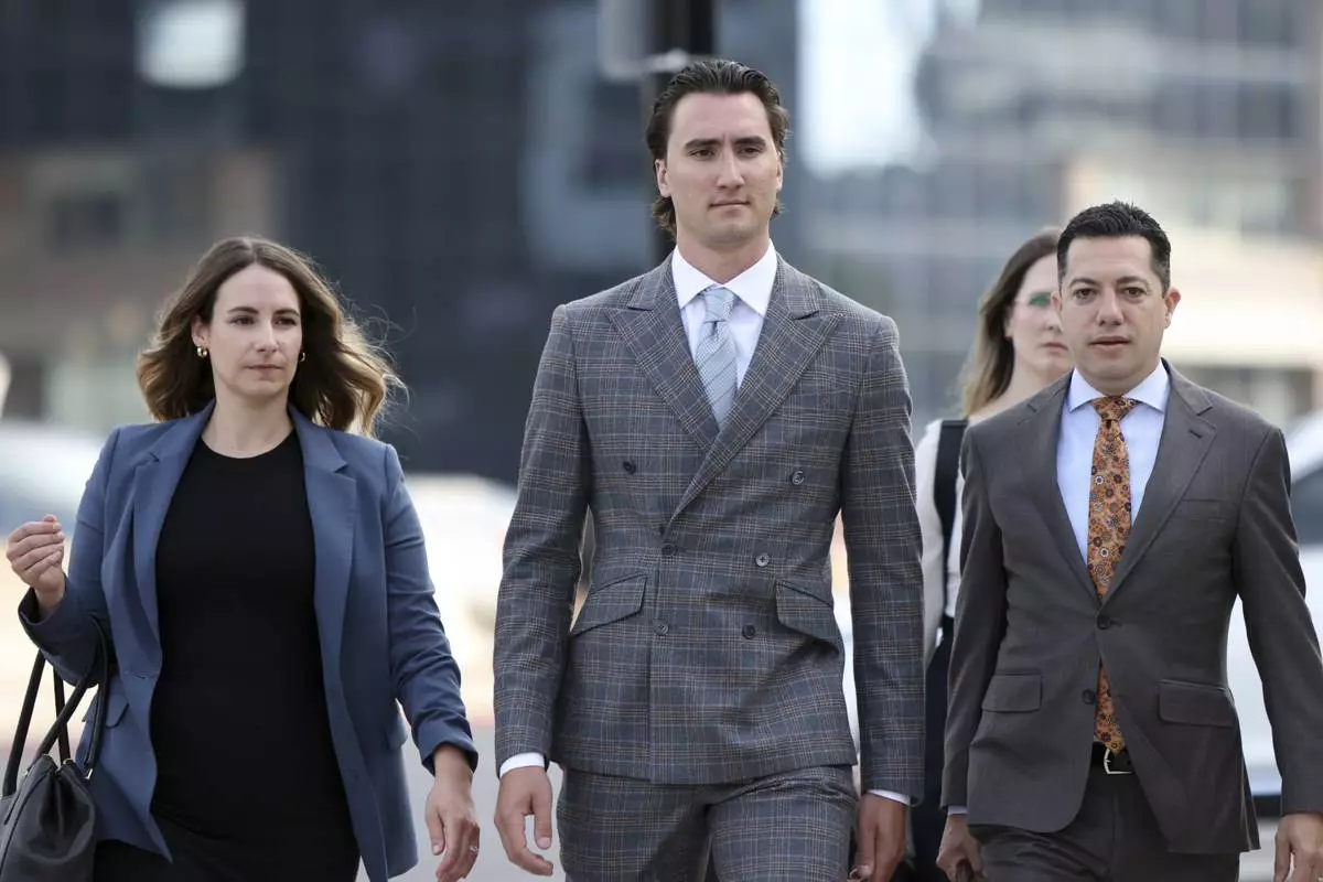 Alex Formenton seen arriving at the London Courthouse in London, Ontario, Thursday, July 24, 2025. (Nicole Osborne/The Canadian Press via AP)