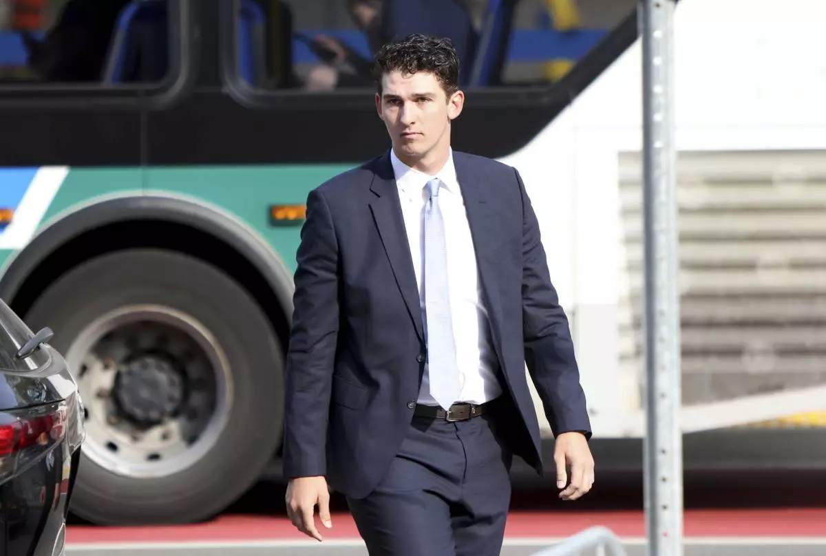 Cal Foote is seen arriving at the London Courthouse in London, Ontario, Thursday, July 24, 2025. (Nicole Osborne/The Canadian Press via AP)