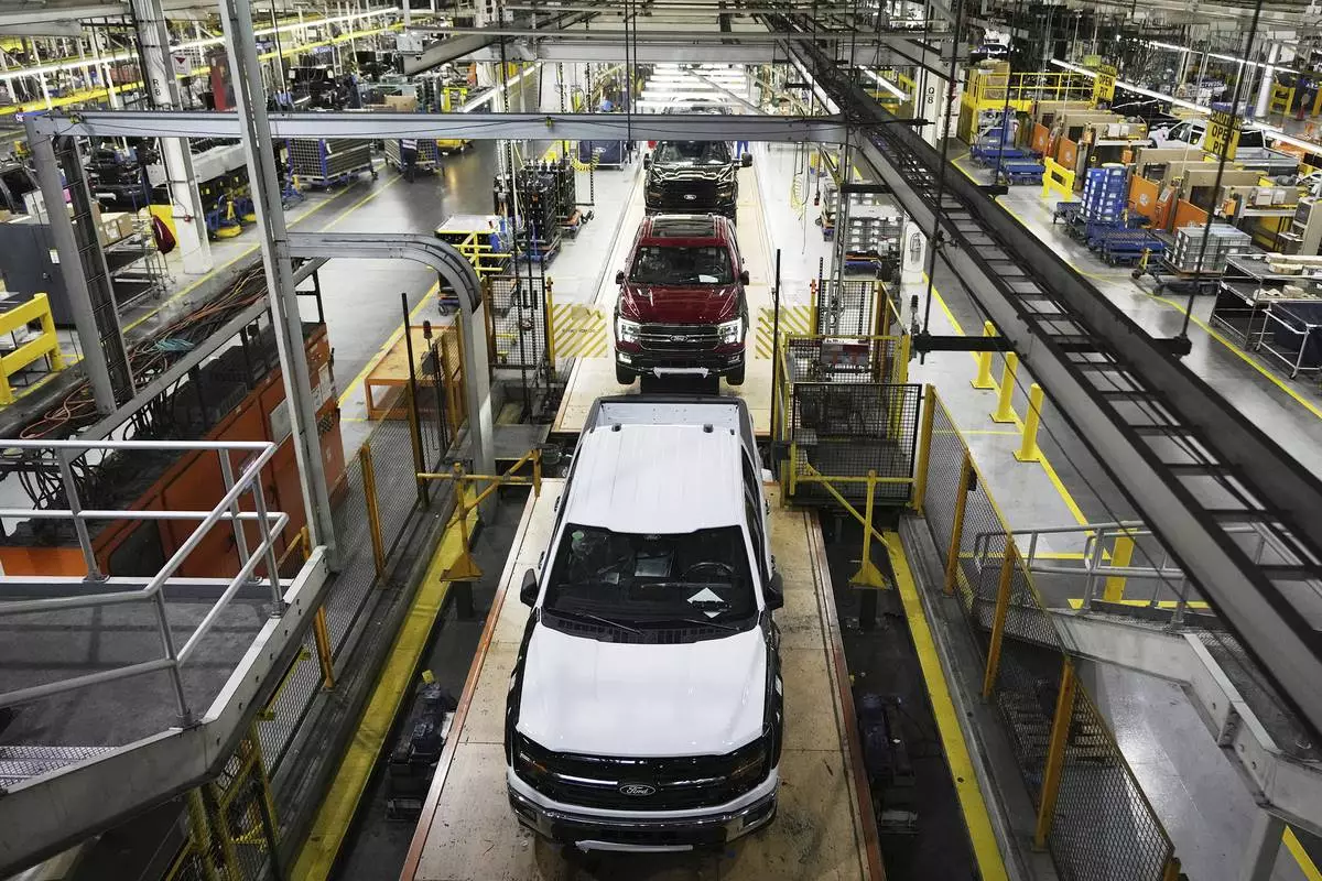 FILE - The 2024 Ford F-150 truck is assembled at the Dearborn Truck Plant in Dearborn, Mich., April 11, 2024. (AP Photo/Carlos Osorio, File)