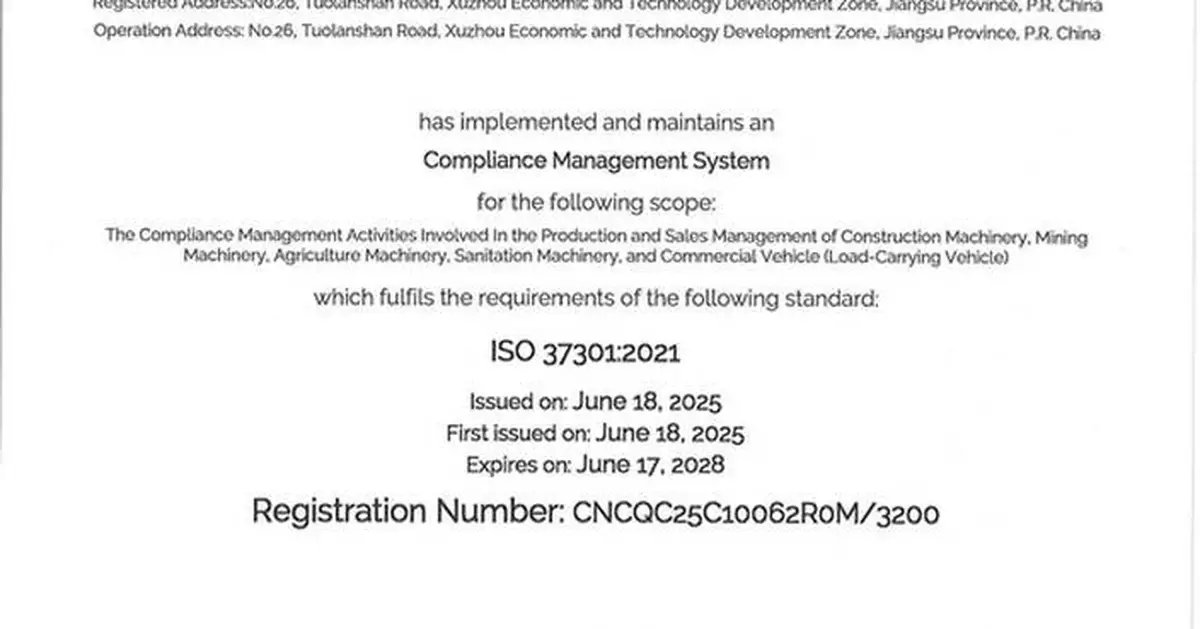 XCMG Machinery Achieves Dual ISO 37301 and GB/T 35770 Compliance Certifications, Reinforcing Global Governance Leadership