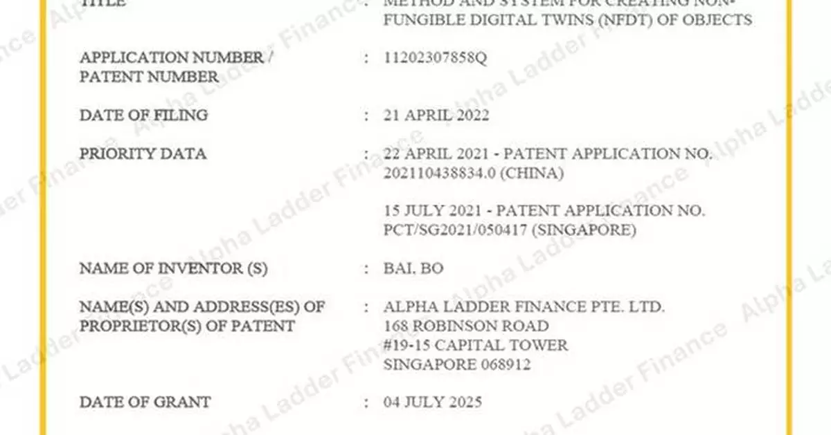 Alpha Ladder Finance Secures Foundational Patent for Real-World Assets Tokenisation (RWA Token) with Its Non-Fungible Digital Twin (NFDT) Technology