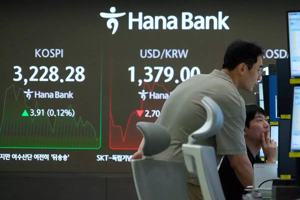 Currency traders watch monitors near a screen showing the Korea Composite Stock Price Index (KOSPI), left, and the foreign exchange rate between U.S. dollar and South Korean won at the foreign exchange dealing room of the Hana Bank headquarters in Seoul, South Korea, Thursday, Aug. 14, 2025. (AP Photo/Ahn Young-joon)