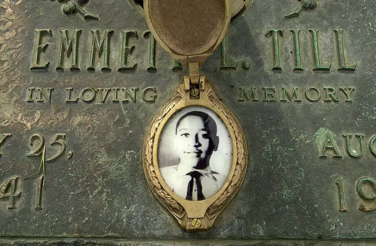 FILE - Emmett Till's photo is seen on his grave marker in Alsip, Ill., May 4, 2005. (Robert A. Davis/Chicago Sun-Times via AP, File)