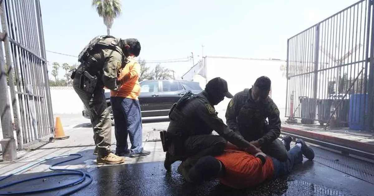 Photos of border patrol arresting a woman selling food and workers at an LA car wash