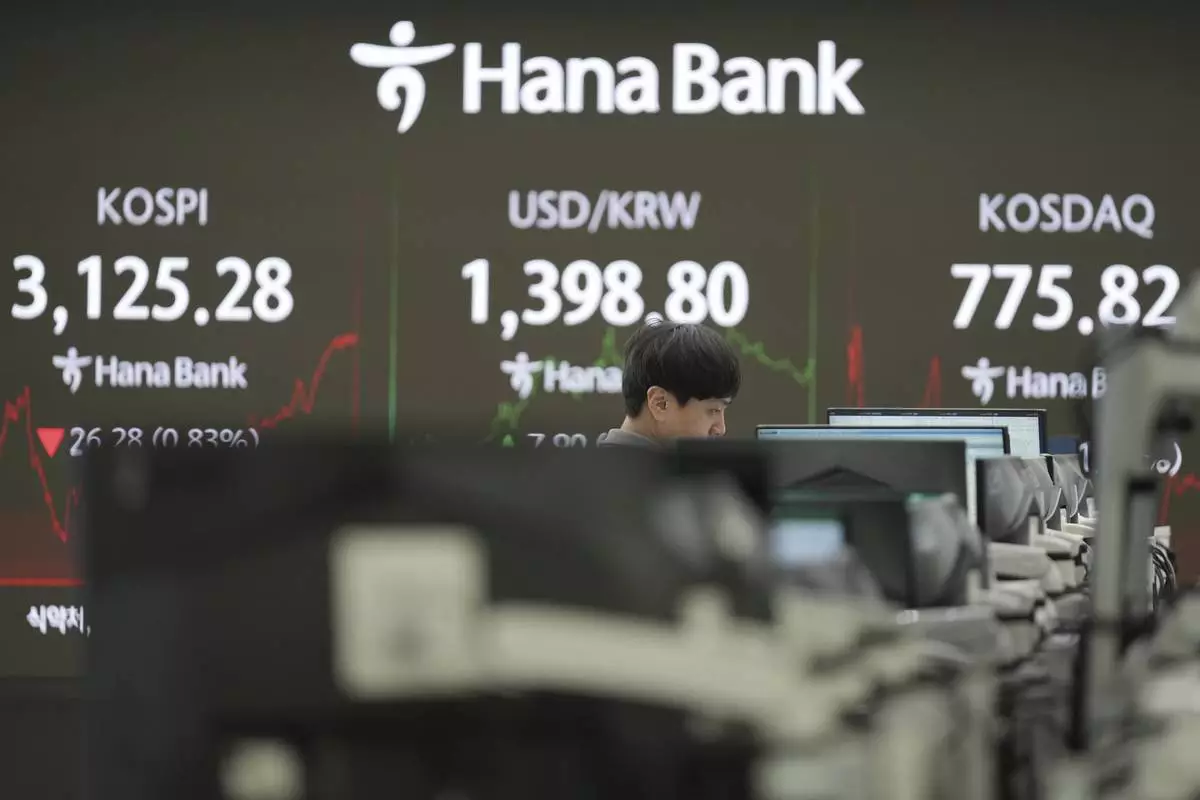 A dealer watches his computer monitors near screens showing the Korea Composite Stock Price Index (KOSPI), left, the foreign exchange rate between U.S. dollar and South Korean won and the Korean Securities Dealers Automated Quotations (KOSDAQ) at a dealing room of Hana Bank in Seoul, South Korea, Wednesday, Aug. 20, 2025. (AP Photo/Lee Jin-man)