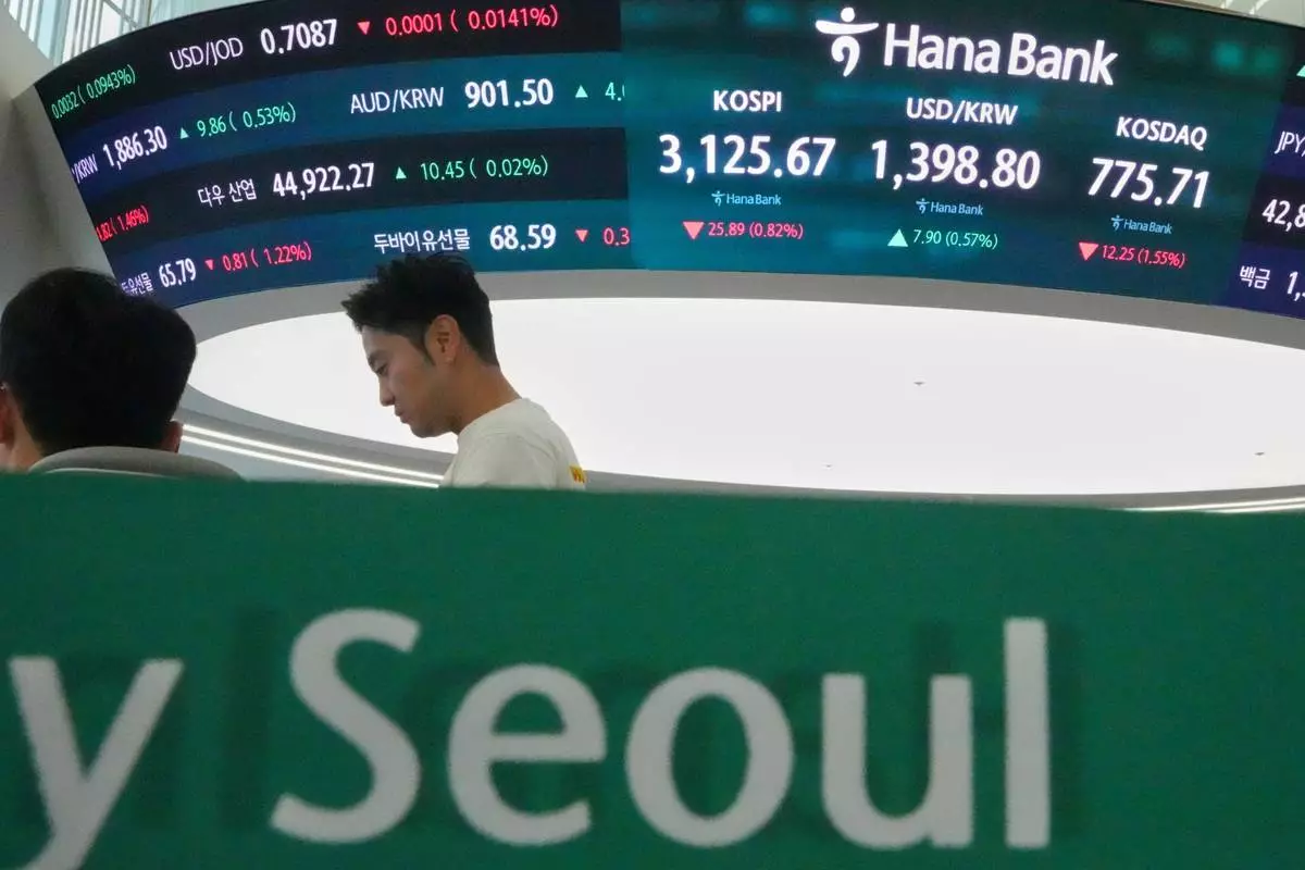 Dealers talk near screens showing the Korea Composite Stock Price Index (KOSPI), left, and the foreign exchange rate between U.S. dollar and South Korean won at a dealing room of Hana Bank in Seoul, South Korea, Wednesday, Aug. 20, 2025. (AP Photo/Lee Jin-man)