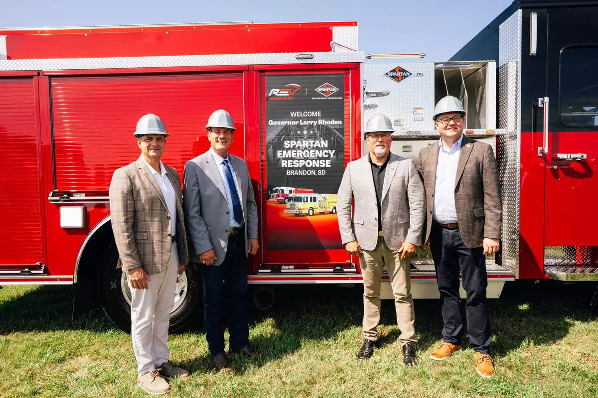 Spartan Emergency Response Groundbreaking Ceremony for $20 Million Expansion. L-R - REV Specialty Vehicles President Mike Virnig, South Dakota Governor Larry Rhoden, Spartan Emergency Response GM Chad Knigge, South Dakota Lieutenant Governor Tony Venhuizen