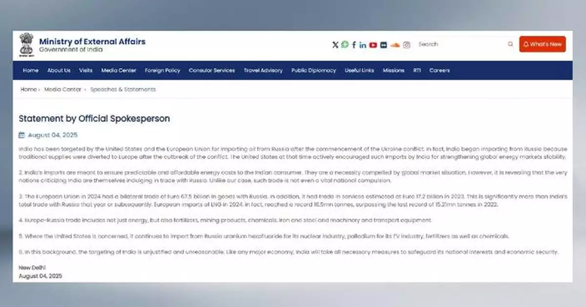 India slams U.S. higher tariff threat as "unjustified and unreasonable"