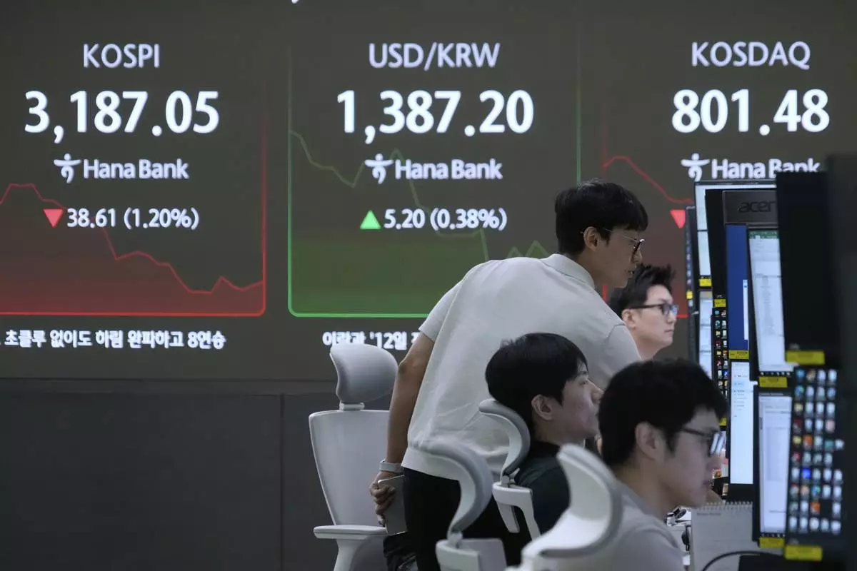 Currency traders watch monitors near a screen showing the Korea Composite Stock Price Index (KOSPI), left, and the foreign exchange rate between U.S. dollar and South Korean won, center, at the foreign exchange dealing room of the Hana Bank headquarters in Seoul, South Korea, Monday, Aug. 18, 2025. (AP Photo/Ahn Young-joon)