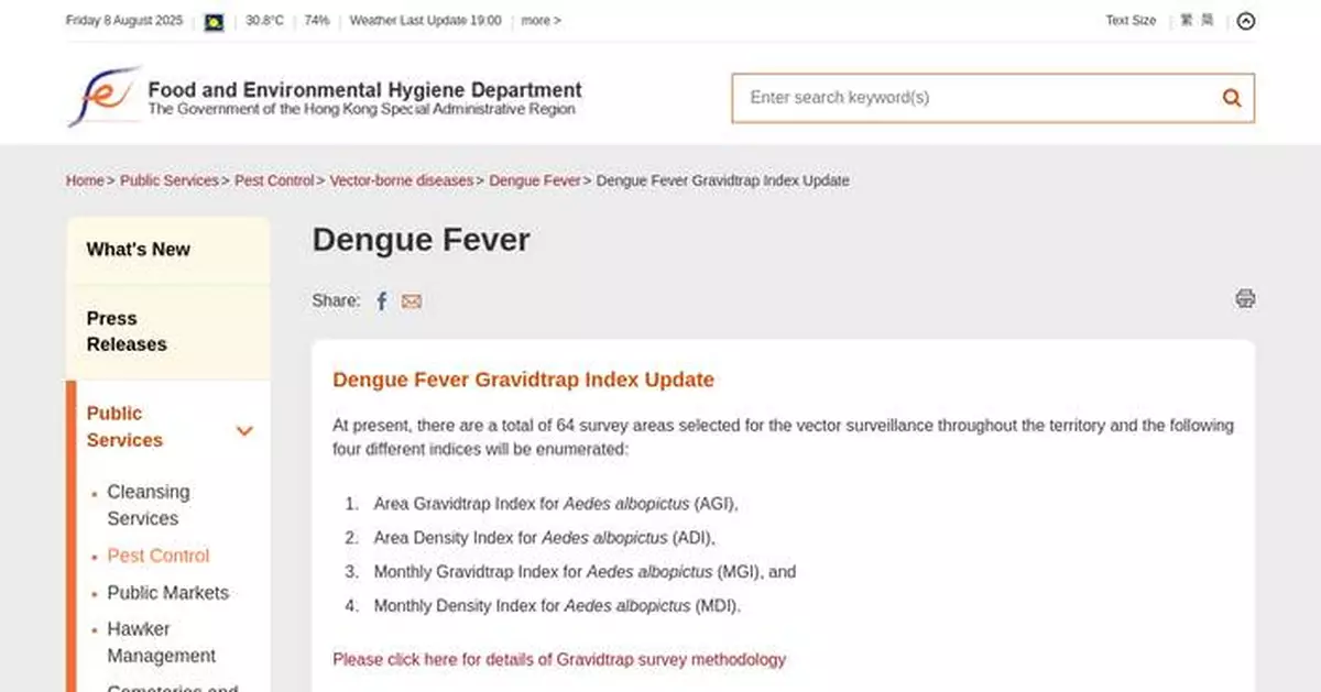 Mosquito Infestation Decreases in July, FEHD Intensifies Control Measures to Combat Chikungunya Fever