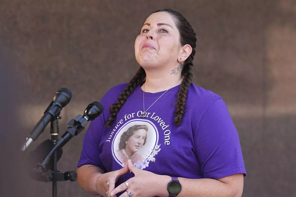 Samantha Naranjo speaks to reporters outside the El Paso County Courthouse after a judge ruled against accepting a plea deal in the case of a funeral home owner who stored roughly 189 decomposing bodies in a building Friday, Aug. 22, 2025, in Colorado Springs, Colo. (AP Photo/David Zalubowski)