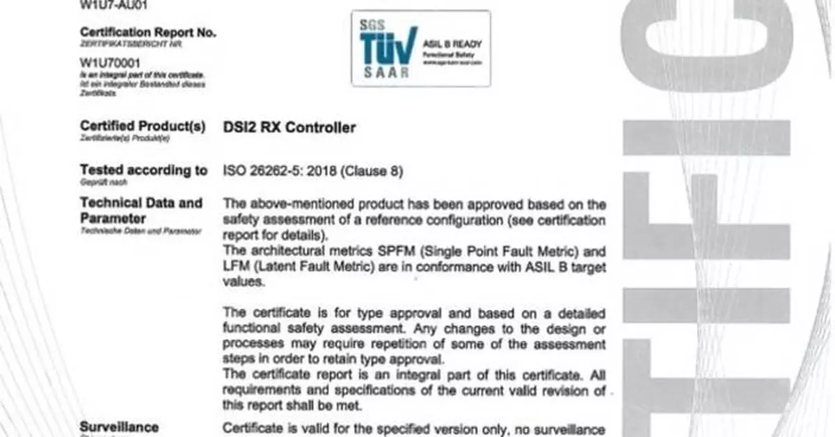 Arasan MIPI DSI-2 Rx Controller achieves ISO 26262 ASIL-B Certification