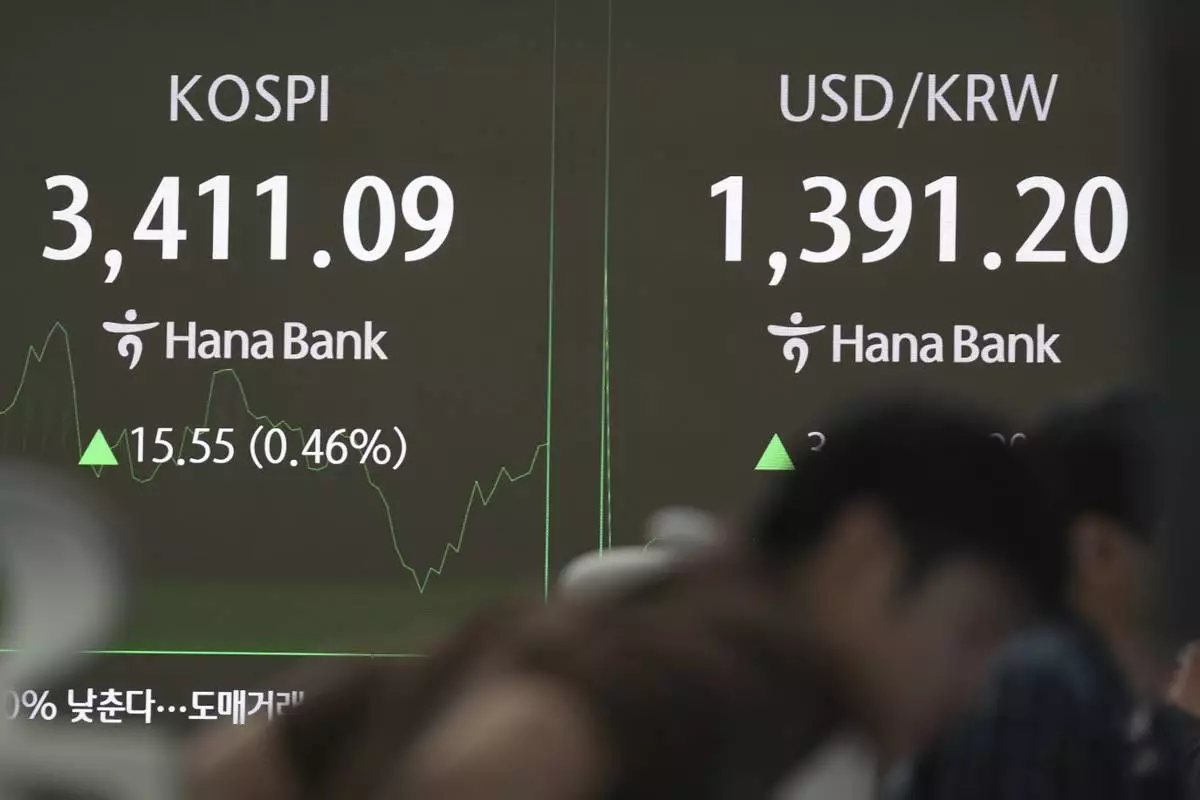 The screens showing the Korea Composite Stock Price Index (KOSPI), left, and the foreign exchange rate between U.S. dollar and South Korean won are seen at a dealing room of Hana Bank in Seoul, South Korea, Monday, Sept. 15, 2025. (AP Photo/Lee Jin-man)