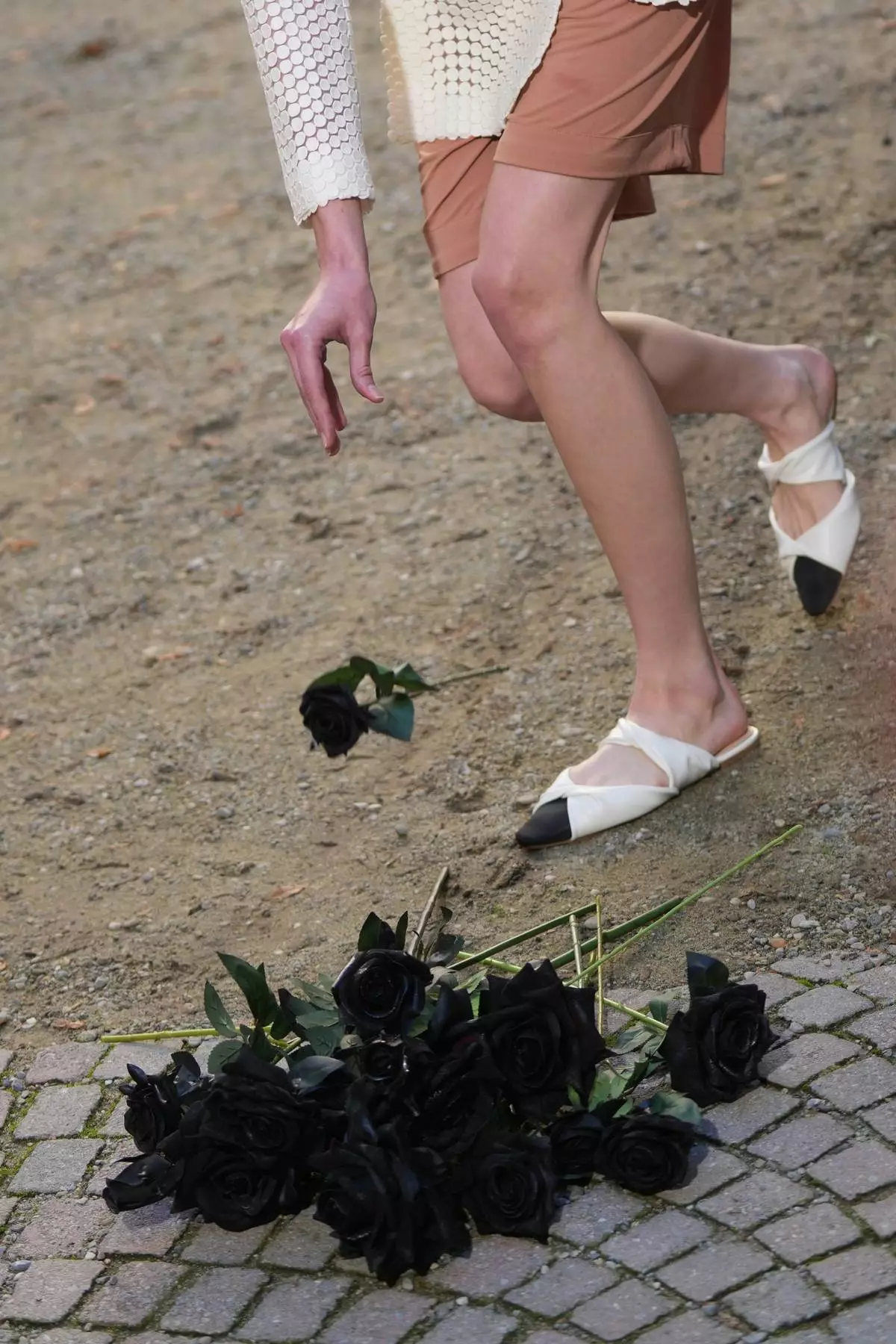A model wears a creation as part of the Francesca Liberatore Spring/Summer 2026 collection as she drops a black rose, in Milan, Italy, Sunday, Sept. 28, 2025. (AP Photo/Antonio Calanni)