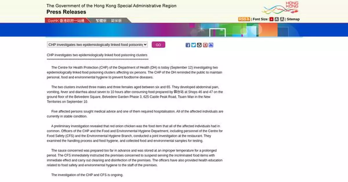 Food Poisoning Outbreak Linked to Restaurants in Kowloon Bay and Tsuen Wan Affects Multiple Individuals
