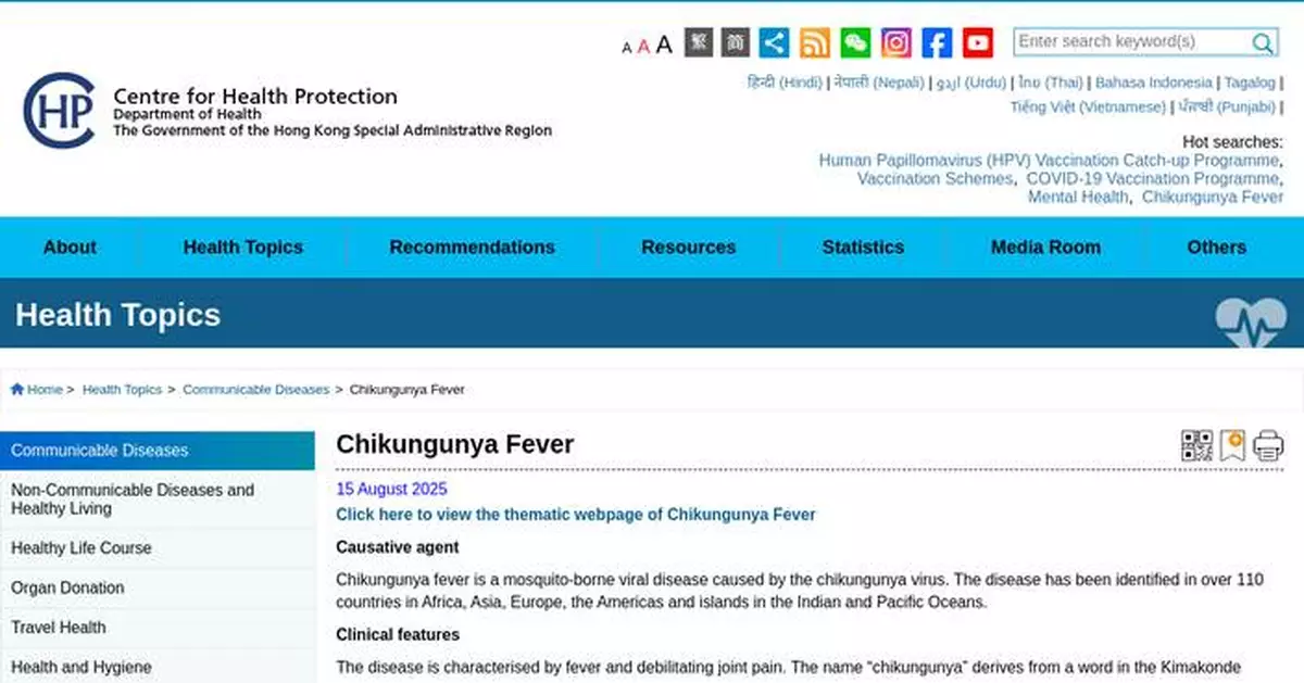 No New Chikungunya Cases in Hong Kong; 23 Confirmed This Year, All Imported