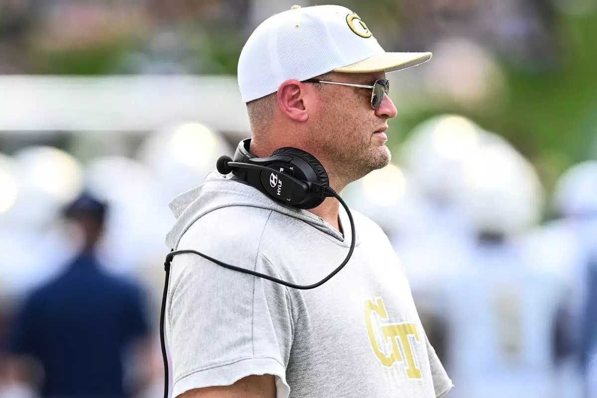 Georgia Tech head coach Brent Key looks on during the first half of an NCAA college football game against Wake Forest, Saturday, Sept. 27, 2025, in Winston-Salem, N.C. (AP Photo/Matt Kelley)