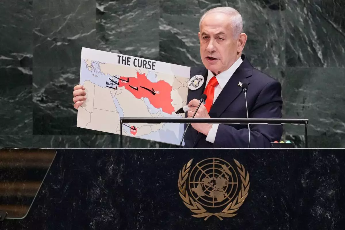 Israel Prime Minister Benjamin Netanyahu addresses the 80th session of the United Nations General Assembly, Friday, Sept. 26, 2025. (AP Photo/Richard Drew)