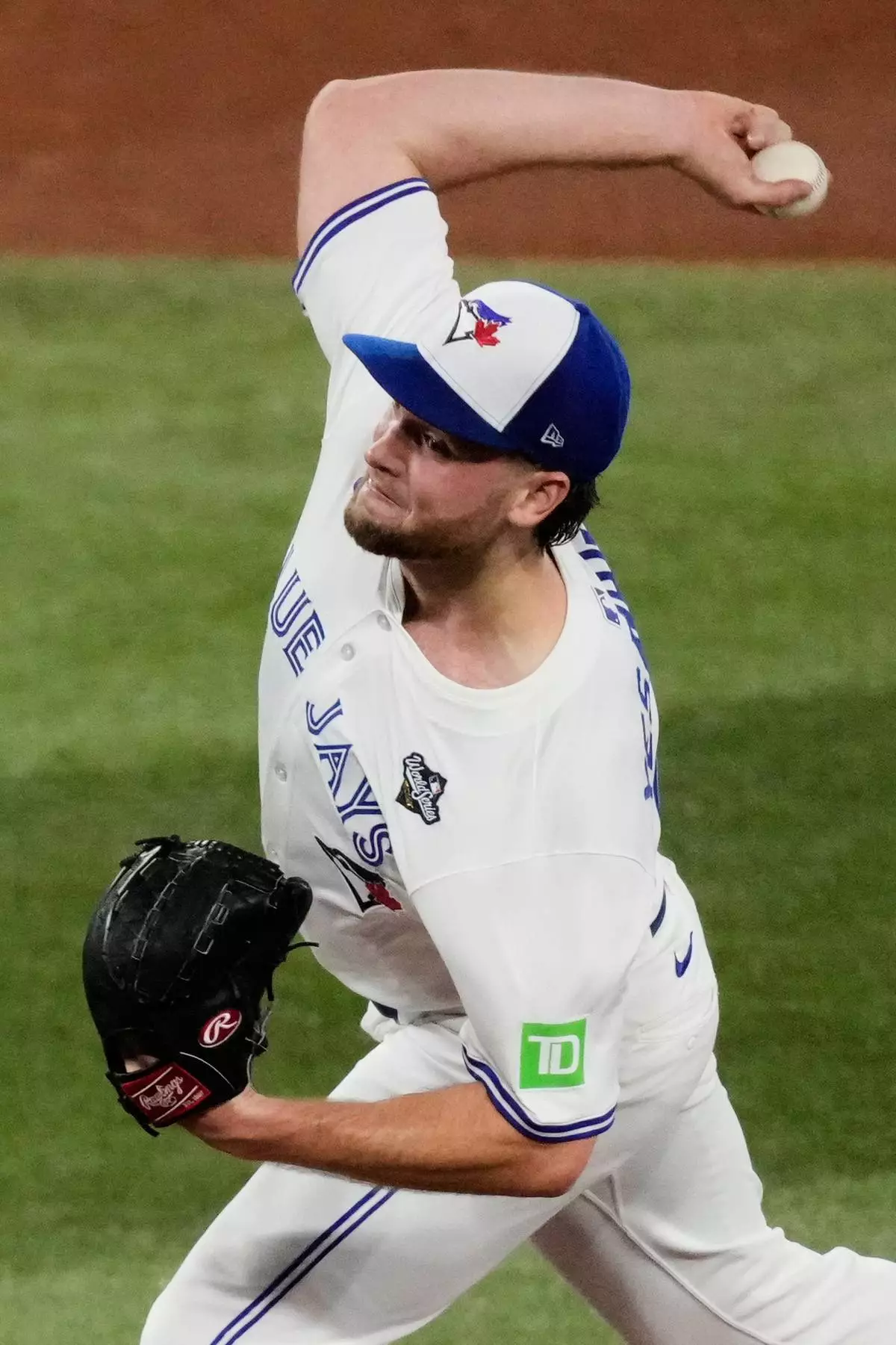 Toronto Blue Jays pitcher Trey Yesavage throws against the Los Angeles Dodgers during the third inning in Game 1 of baseball's World Series, Friday, Oct. 24, 2025, in Toronto. (AP Photo/Brynn Anderson)