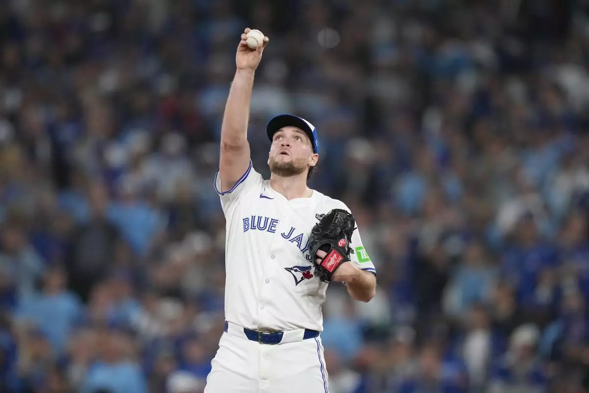 Toronto Blue Jays pitcher Trey Yesavage (39) looks on after giving up a run against the Los Angeles Dodgers during third inning Game 1 World Series playoff MLB baseball action in Toronto on Friday, Oct. 24, 2025. (Nathan Denette/The Canadian Press via AP)