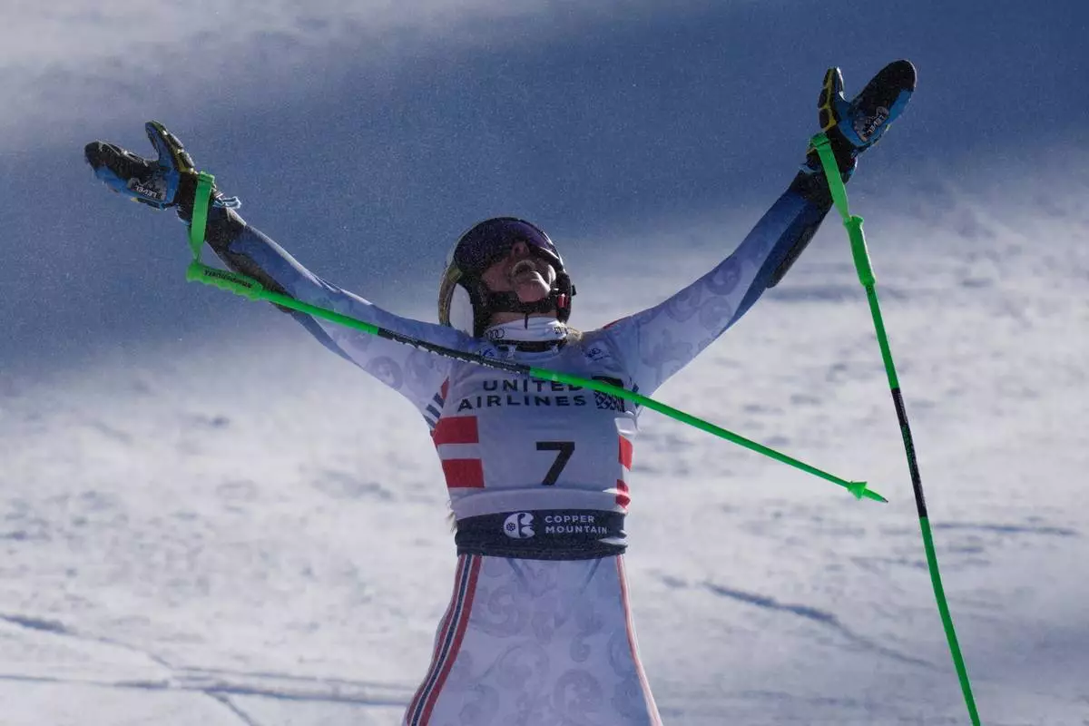 Norway's Thea Louise Stjernesund celebrates after her run during a World Cup women's giant slalom skiing race, Saturday, Nov. 29, 2025, in Copper Mountain. (AP Photo/John Locher)