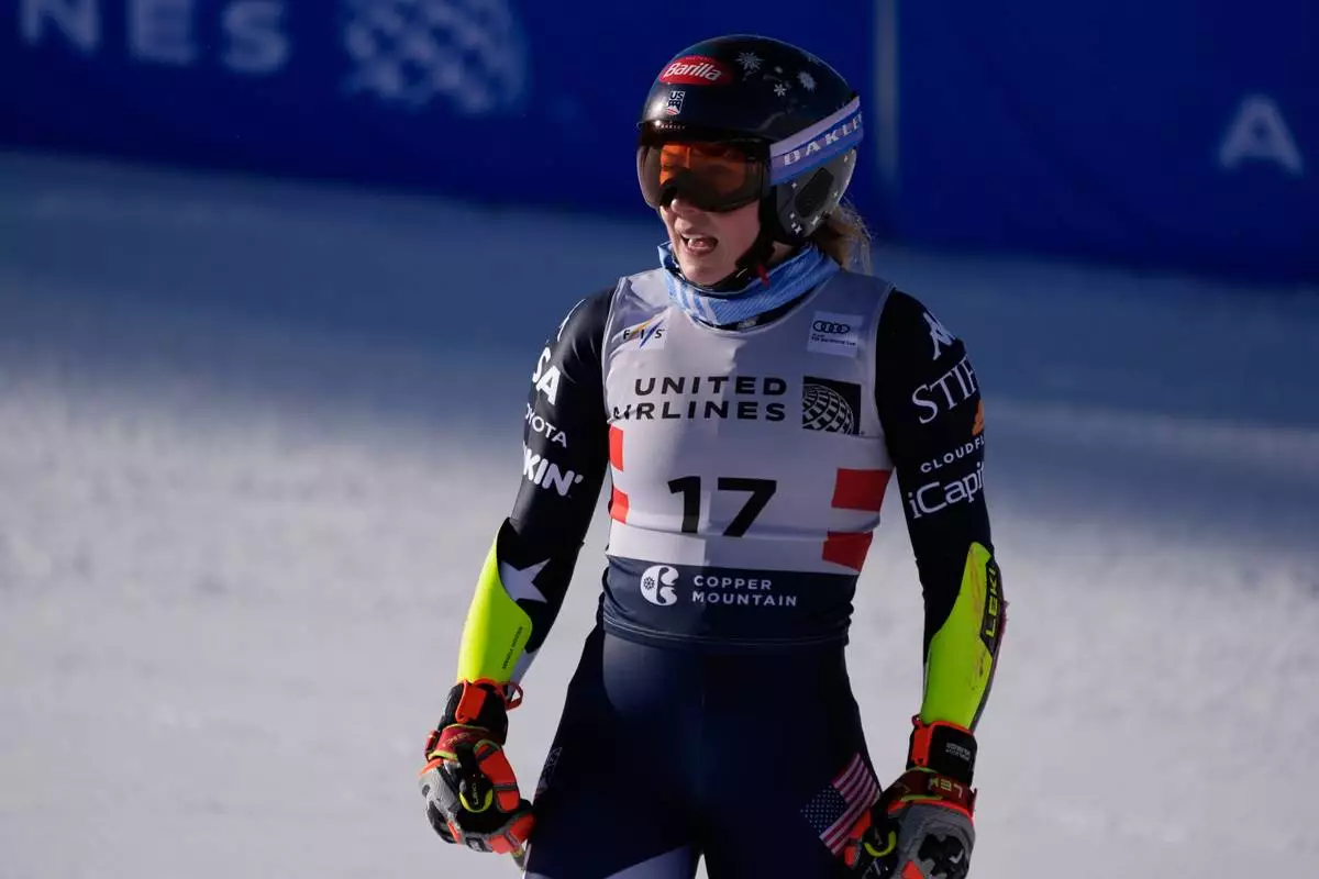 United States' Mikaela Shiffrin reacts after her run during a World Cup women's giant slalom skiing race, Saturday, Nov. 29, 2025, in Copper Mountain. (AP Photo/Robert F. Bukaty)