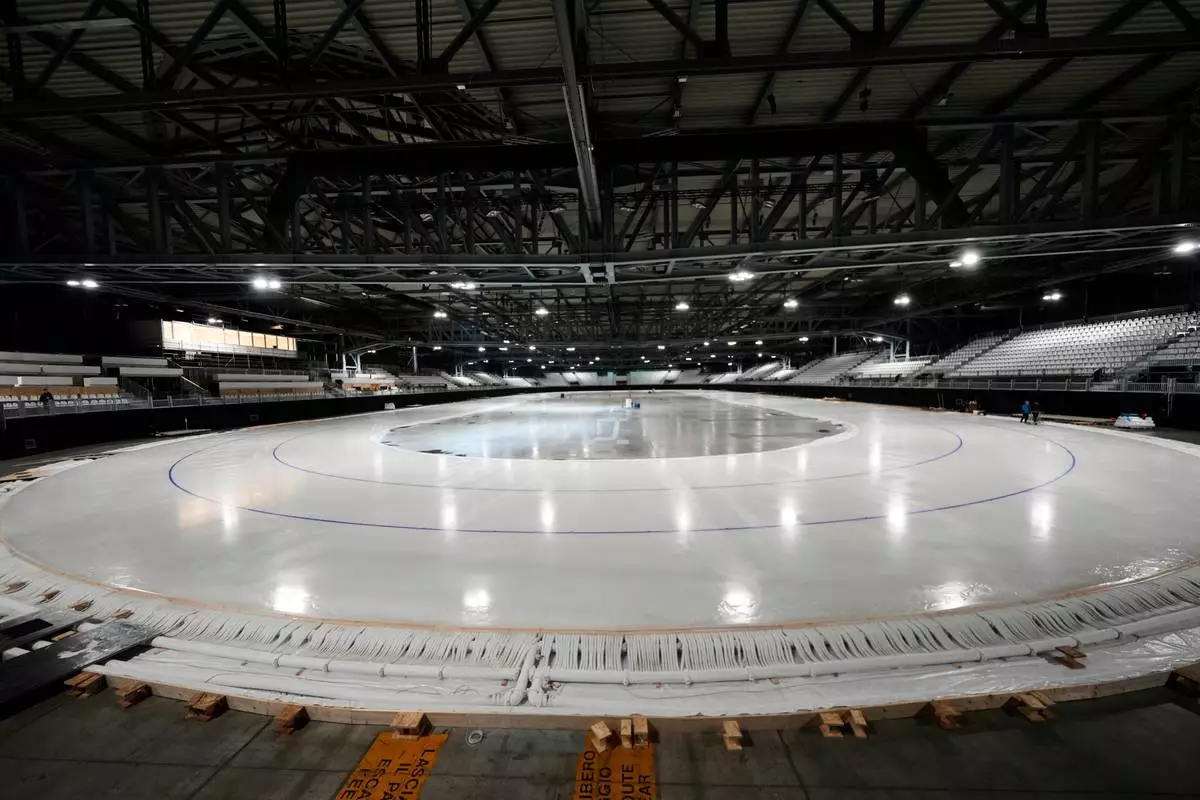 A view of the stadium where speedskating will take place at the Milan Cortina 2026 Winter Olympics will take place, in Rho, outskirt of Milan, Tuesday, Nov. 11, 2025. (AP Photo/Luca Bruno)