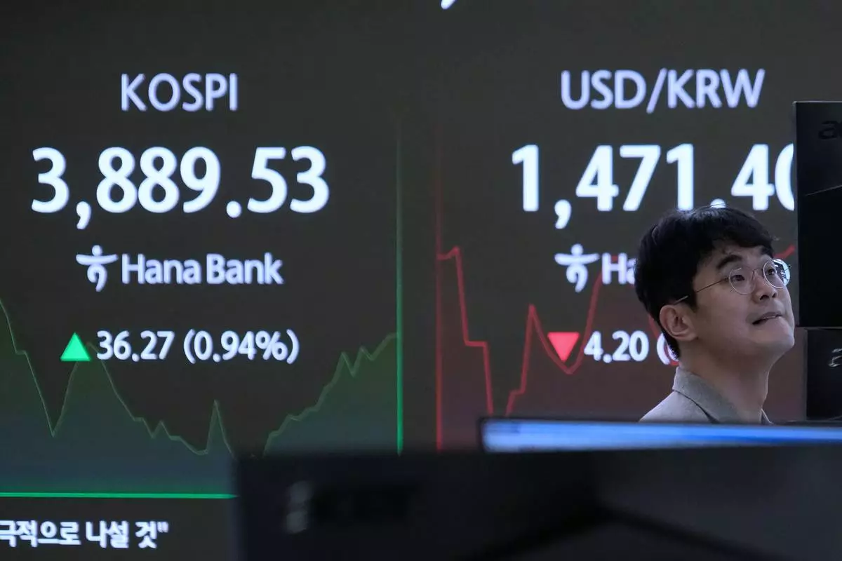 A currency trader watches monitors near a screen showing the Korea Composite Stock Price Index (KOSPI), left, and the foreign exchange rate between U.S. dollar and South Korean won at the foreign exchange dealing room of the Hana Bank headquarters in Seoul, South Korea, Monday, Nov. 24, 2025. (AP Photo/Ahn Young-joon)