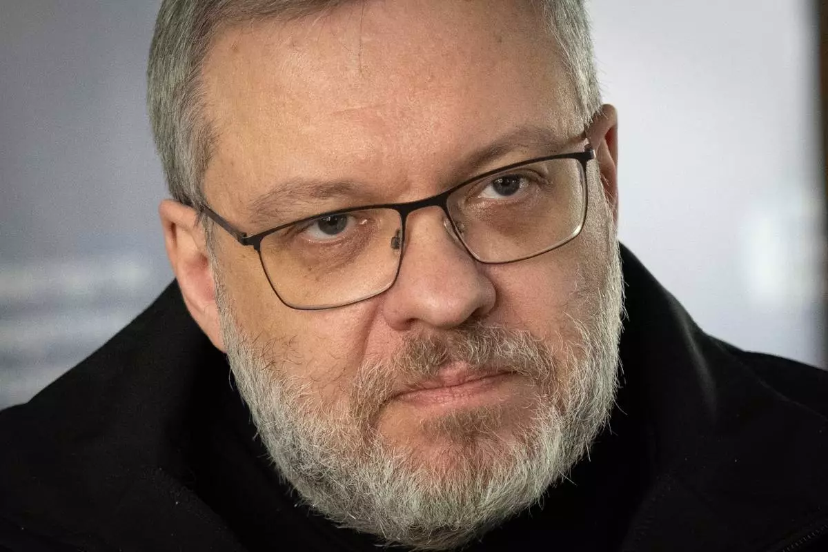 FILE - Herman Halushchenko, Ukraine's energy minister, speaks with the Associated Press during an interview in Kyiv, Ukraine, April 11, 2023. (AP Photo/Efrem Lukatsky, File)