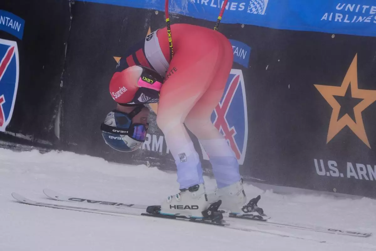 Switzerland's Franjo Von Allmen reacts after competing during a World Cup men's super-G skiing race, Thursday, Nov. 27, 2025, in Copper Mountain. (AP Photo/John Locher)