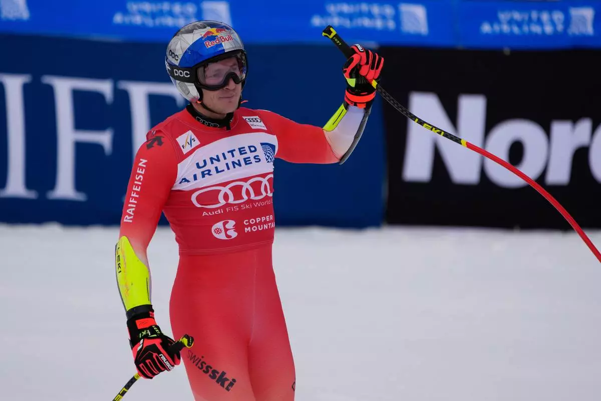 Switzerland's Marco Odermatt reacts after competing during a World Cup men's super-G skiing race, Thursday, Nov. 27, 2025, in Copper Mountain. (AP Photo/John Locher)