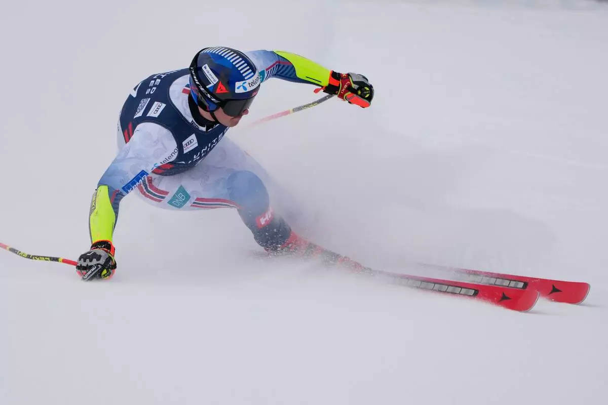 Norway's Adrian Smiseth Sejersted competes during a World Cup men's super-G skiing race, Thursday, Nov. 27, 2025, in Copper Mountain. (AP Photo/John Locher)