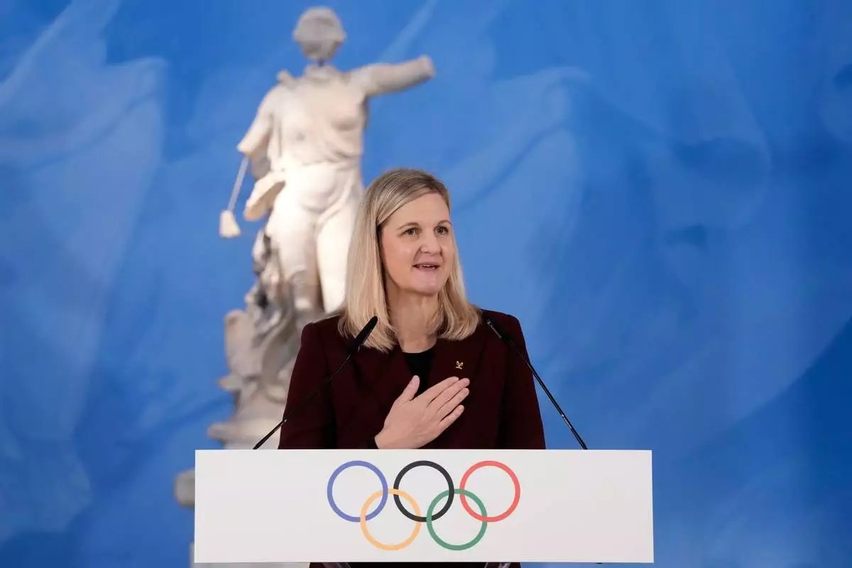 Kirsty Coventry, President of the International Olympic Committee, delivers a speech during the flame lighting ceremony for the Milan Cortina 2026 Winter Olympics, at the archaeological museum of Olympia, Greece, Wednesday, Nov. 26, 2025. (AP Photo/Thanassis Stavrakis)