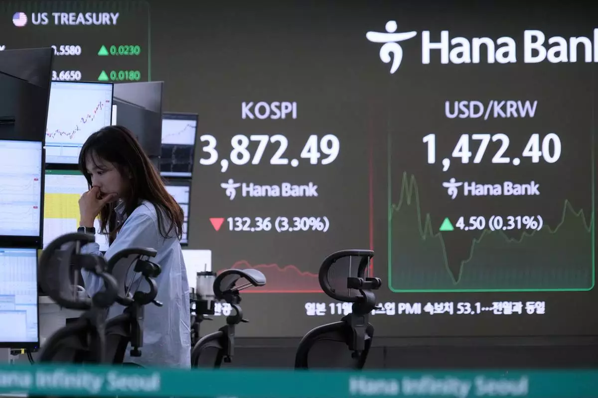 A currency trader works near a screen showing the Korea Composite Stock Price Index (KOSPI) and the foreign exchange rate between U.S. dollar and South Korean won, right, at the foreign exchange dealing room of the Hana Bank headquarters in Seoul, South Korea, Friday, Nov. 21, 2025. (AP Photo/Ahn Young-joon)