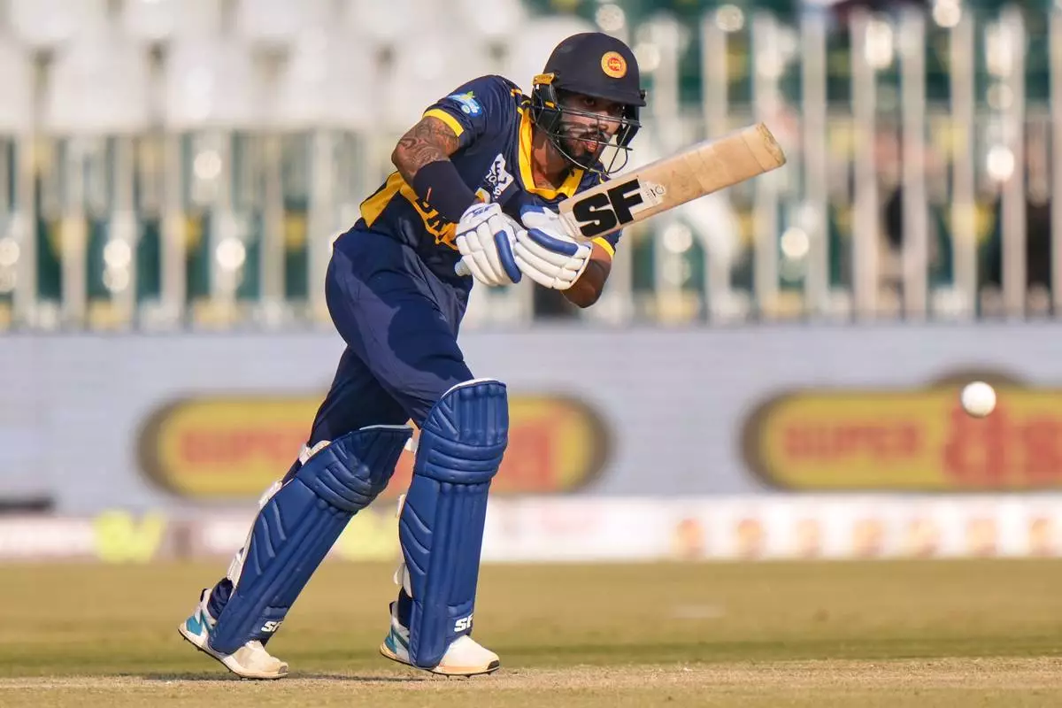 Sri Lanka's Kamil Mishara plays a shot during the second one day international cricket match between Pakistan and Sri Lanka, in Rawalpindi, Pakistan, Friday, Nov. 14, 2025. (AP Photo/Anjum Naveed)