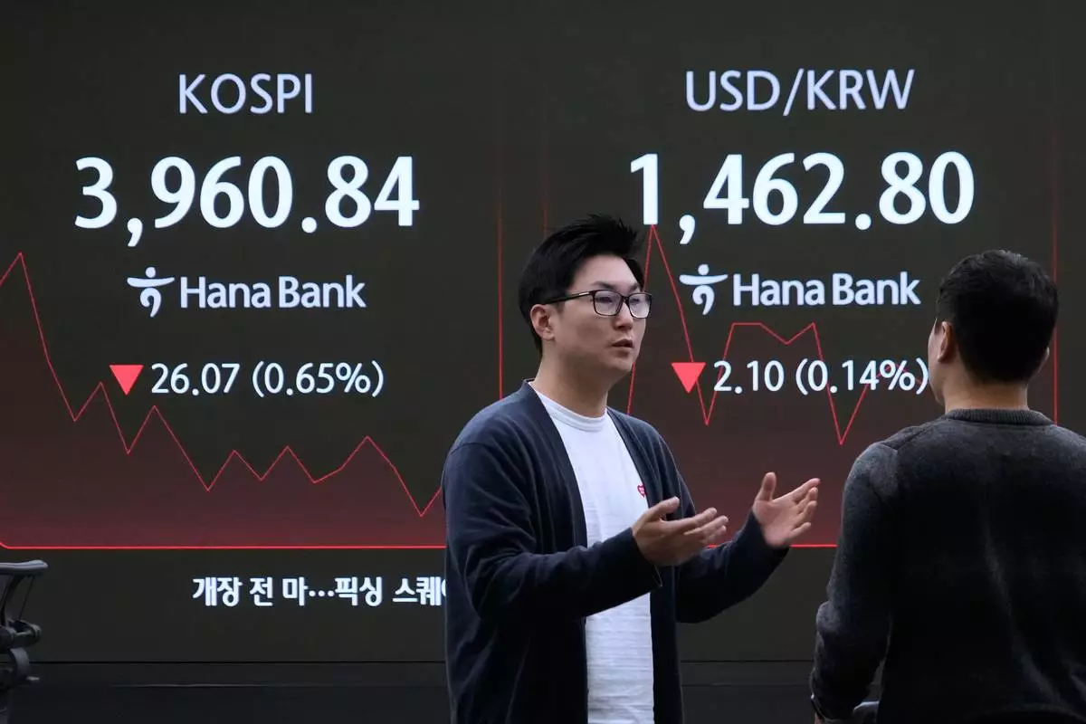 Currency traders work near a screen showing the Korea Composite Stock Price Index (KOSPI), left, and the foreign exchange rate between U.S. dollar and South Korean won at the foreign exchange dealing room of the Hana Bank headquarters in Seoul, South Korea, Friday, Nov. 28, 2025. (AP Photo/Ahn Young-joon)