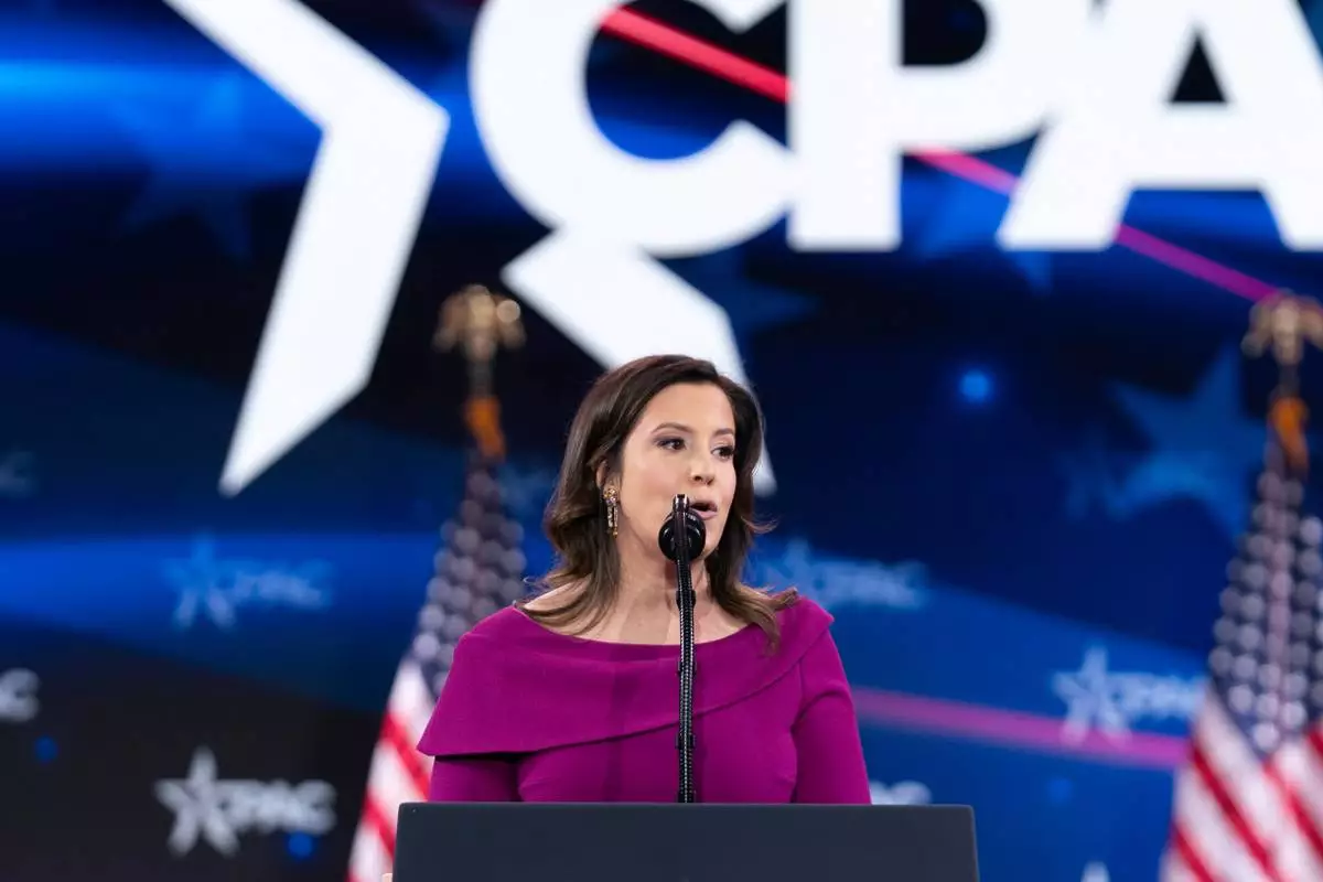 FILE - Rep. Elise Stefanik, R-NY., speaks at the Conservative Political Action Conference, CPAC, at the Gaylord National Resort &amp; Convention Center, Feb. 22, 2025, in Oxon Hill, Md. (AP Photo/Jose Luis Magana, File)