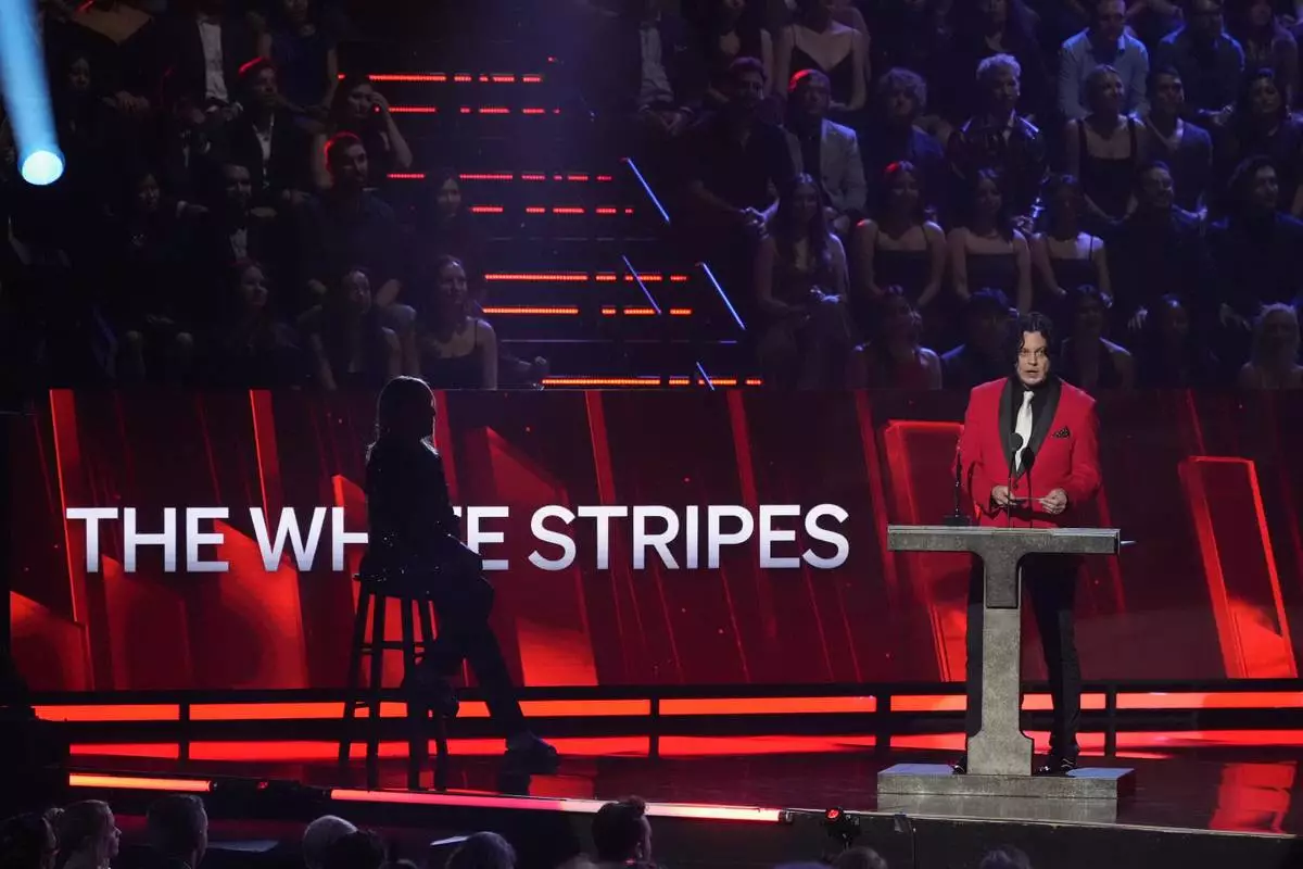 Inductee Jack White of The White Stripes speaks during the 2025 Rock and Roll Hall of Fame Induction Ceremony on Saturday, Nov. 8, 2025, at L.A. Live in Los Angeles. (AP Photo/Chris Pizzello)