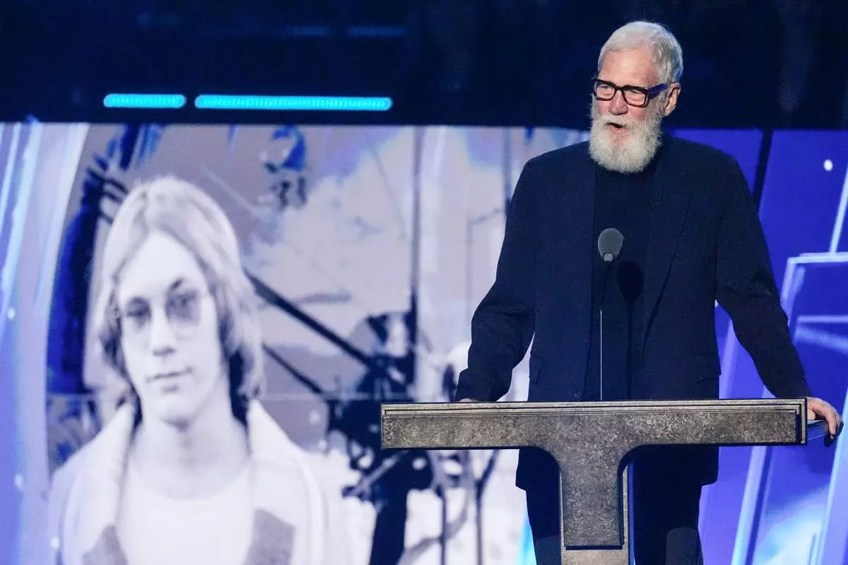 David Letterman speaks during the 2025 Rock and Roll Hall of Fame Induction Ceremony on Saturday, Nov. 8, 2025, at L.A. Live in Los Angeles. (AP Photo/Chris Pizzello)