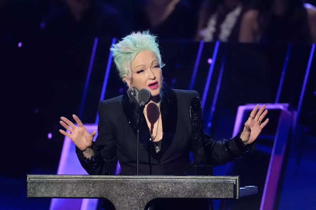 Cyndi Lauper speaks during the 2025 Rock and Roll Hall of Fame Induction Ceremony on Saturday, Nov. 8, 2025, at L.A. Live in Los Angeles. (AP Photo/Chris Pizzello)