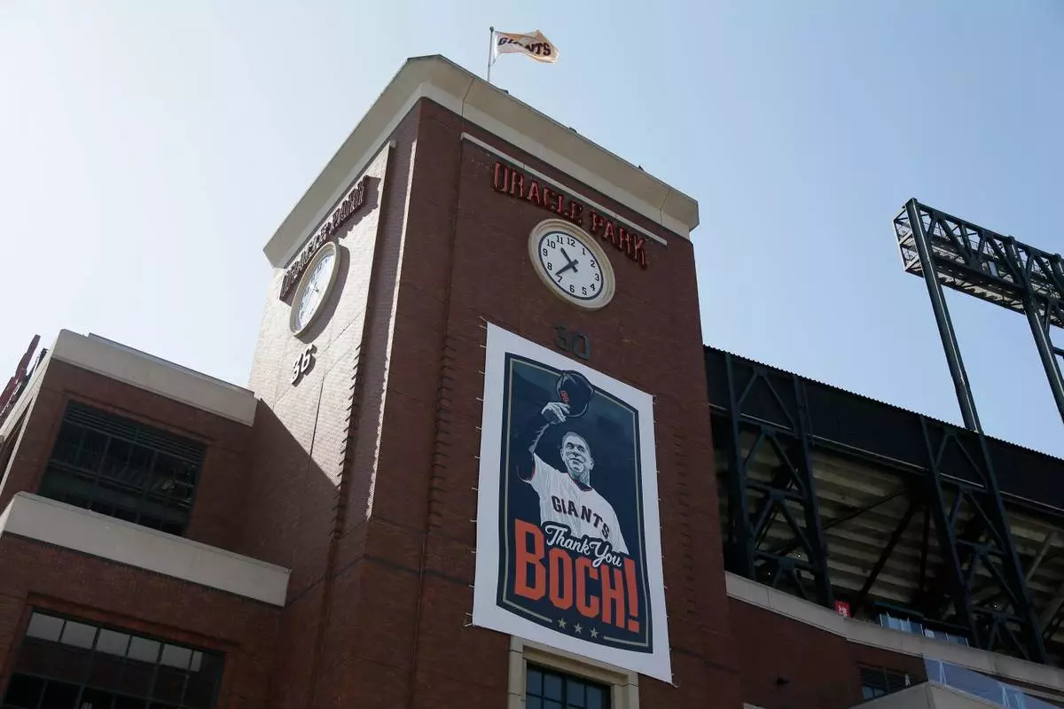 FILE = A banner thanking San Francisco Giants manager Bruce Bochy hangs outside Oracle Park before a baseball game against the Pittsburgh Pirates Sept. 12, 2019, in San Francisco. (AP Photo/Eric Risberg, File)