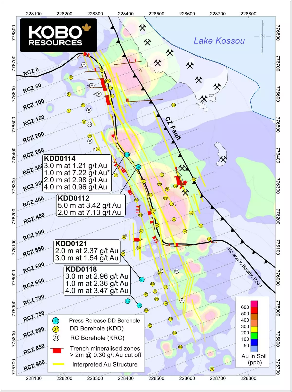 Figure 4: Road Cut Zone Drill Hole Locations and Simplified Geology