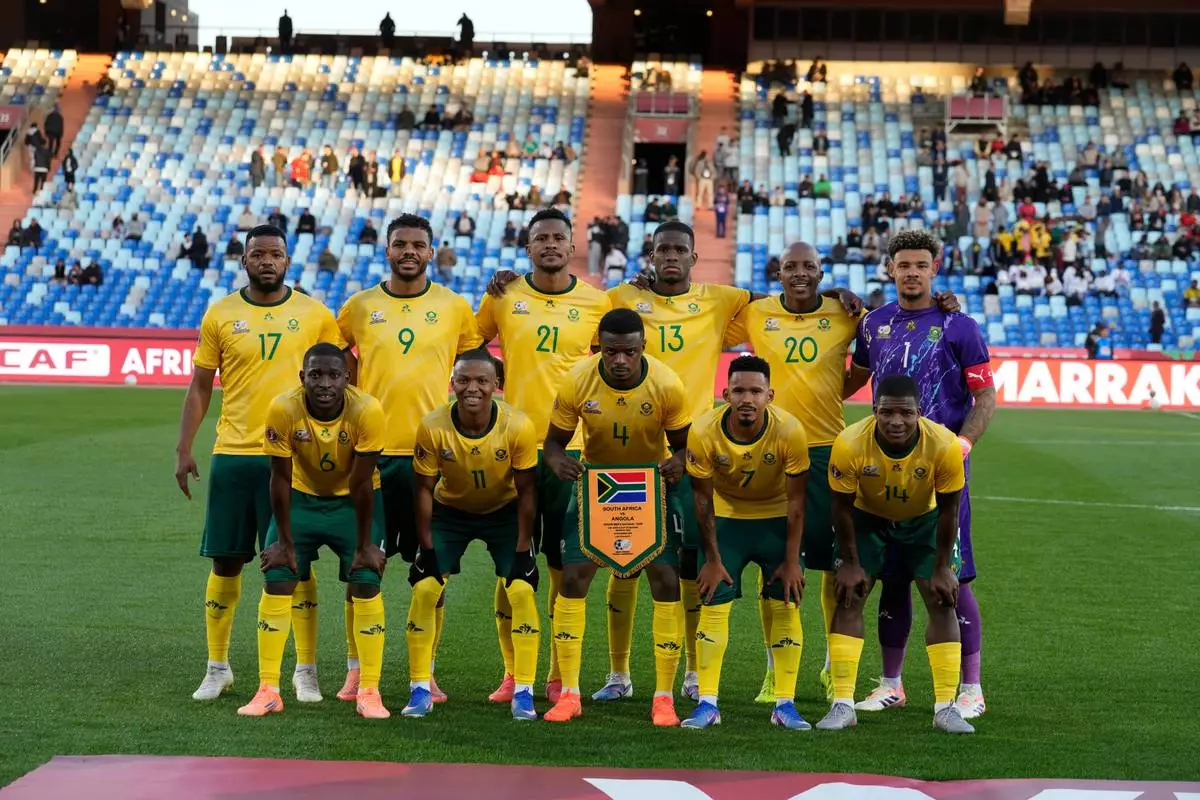 South Africa national team pose for a group photo during the Africa Cup of Nations group B soccer match between Angola and South Africa in Marrakech, Morocco, Monday, Dec. 22, 2025. (AP Photo/Themba Hadebe)