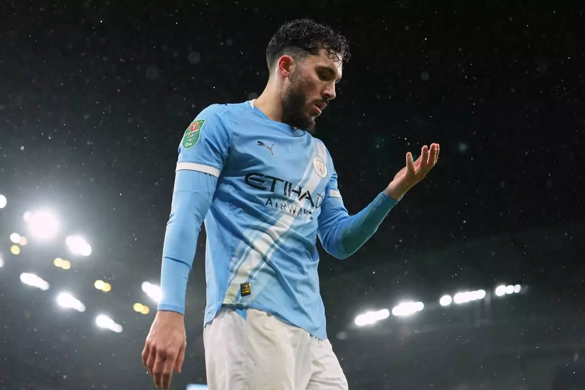 Manchester City's Rayan Cherki during the English League Cup soccer match between Manchester City and Brentford in Manchester, England, Wednesday, Dec. 17, 2025. (AP Photo/Jon Super)