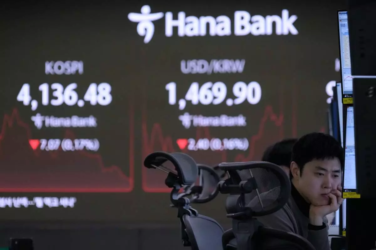 A currency trader watches monitors near a screen showing the Korea Composite Stock Price Index (KOSPI), left, and the foreign exchange rate between U.S. dollar and South Korean won at the foreign exchange dealing room of the Hana Bank headquarters in Seoul, South Korea, Wednesday, Dec. 10, 2025. (AP Photo/Ahn Young-joon)