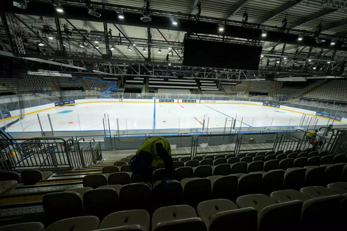 An overview of the Ice Skating Arena where some Ice Hockey matches of the Milan Cortina 2026 Winter Olympics will take place, in Rho, outskirt of Milan, Friday, Dec.5, 2025. (AP Photo/Luca Bruno)