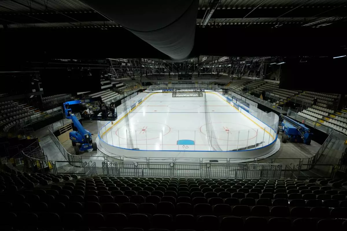 An overview of the Ice Skating Arena where some Ice Hockey matches of the Milan Cortina 2026 Winter Olympics will take place, in Rho, outskirt of Milan, Friday, Dec.5, 2025. (AP Photo/Luca Bruno)