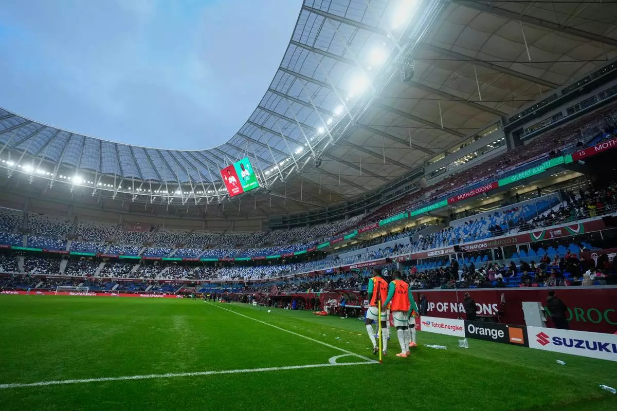 A general view of the Tangier Grand Stadium is seen during the Africa Cup of Nations group D soccer match between Senegal and Botswana in Tangier, Morocco, Tuesday, Dec. 23, 2025. (AP Photo/Mosa'ab Elshamy)