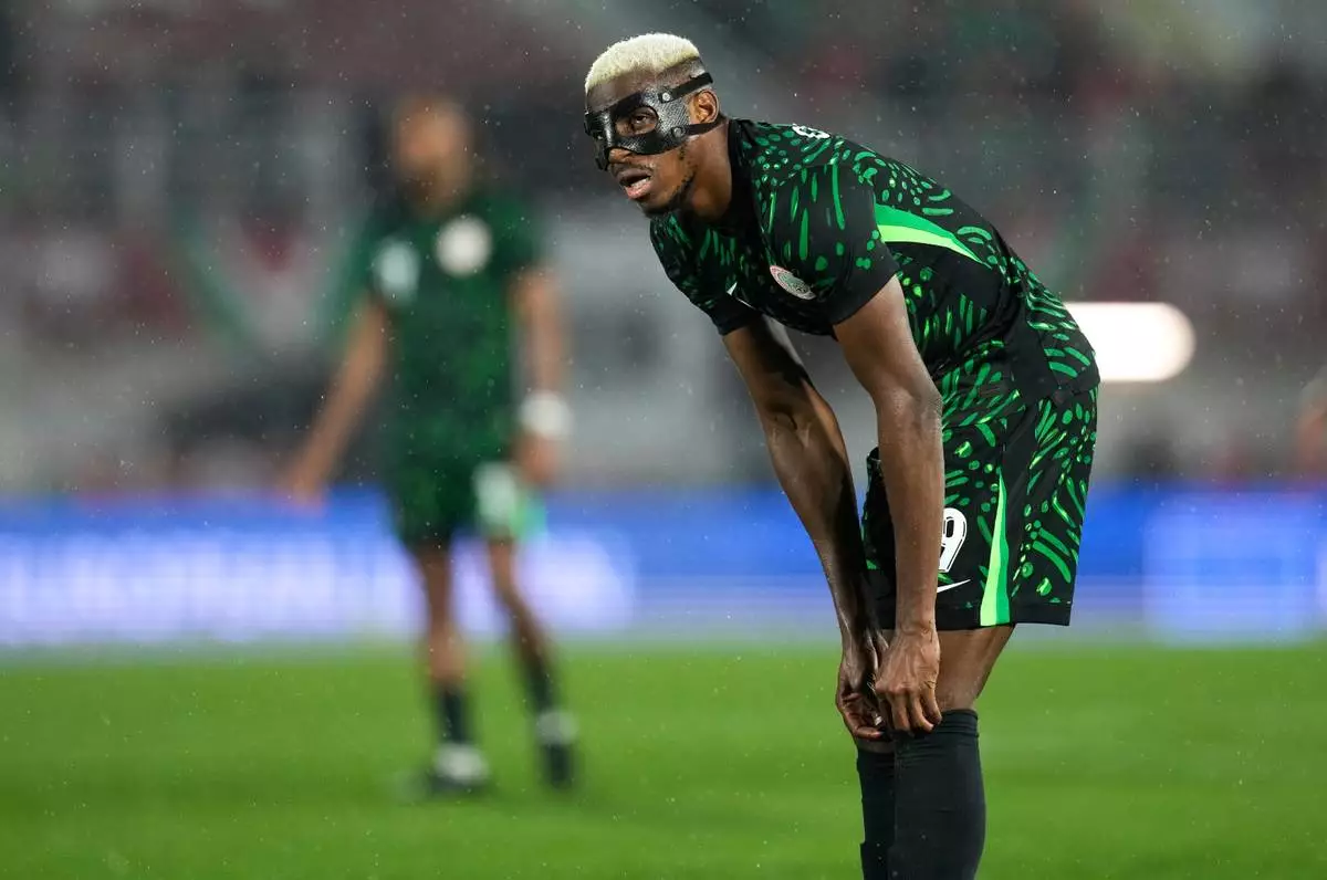 Nigeria's Victor Osimhen in action during the Africa Cup of Nations group C soccer match between Nigeria and Tanzania in Fez, Morocco, Tuesday, Dec. 23, 2025. (AP Photo/Themba Hadebe)