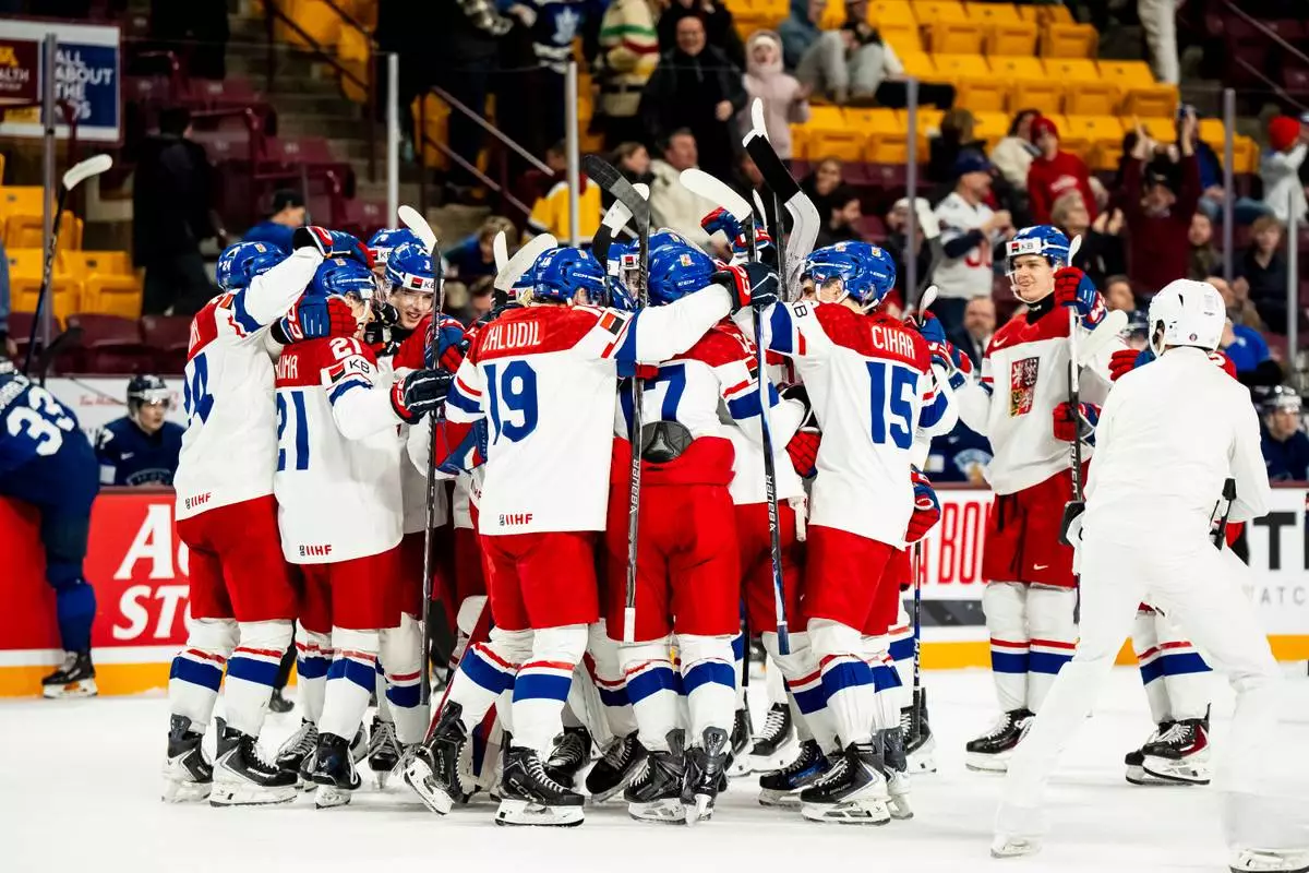 Czechia players celebrate after Adam Jirícek (not shown) scored the winning goal against Finland during overtime IIHF World Junior Hockey Championship game action in Minneapolis, Monday, Dec. 29, 2025. (Christopher Katsarov/The Canadian Press via AP)
